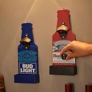 Pair of Wooden Budweiser & Bud Light Wall Mount Bottle Openers with Tray
